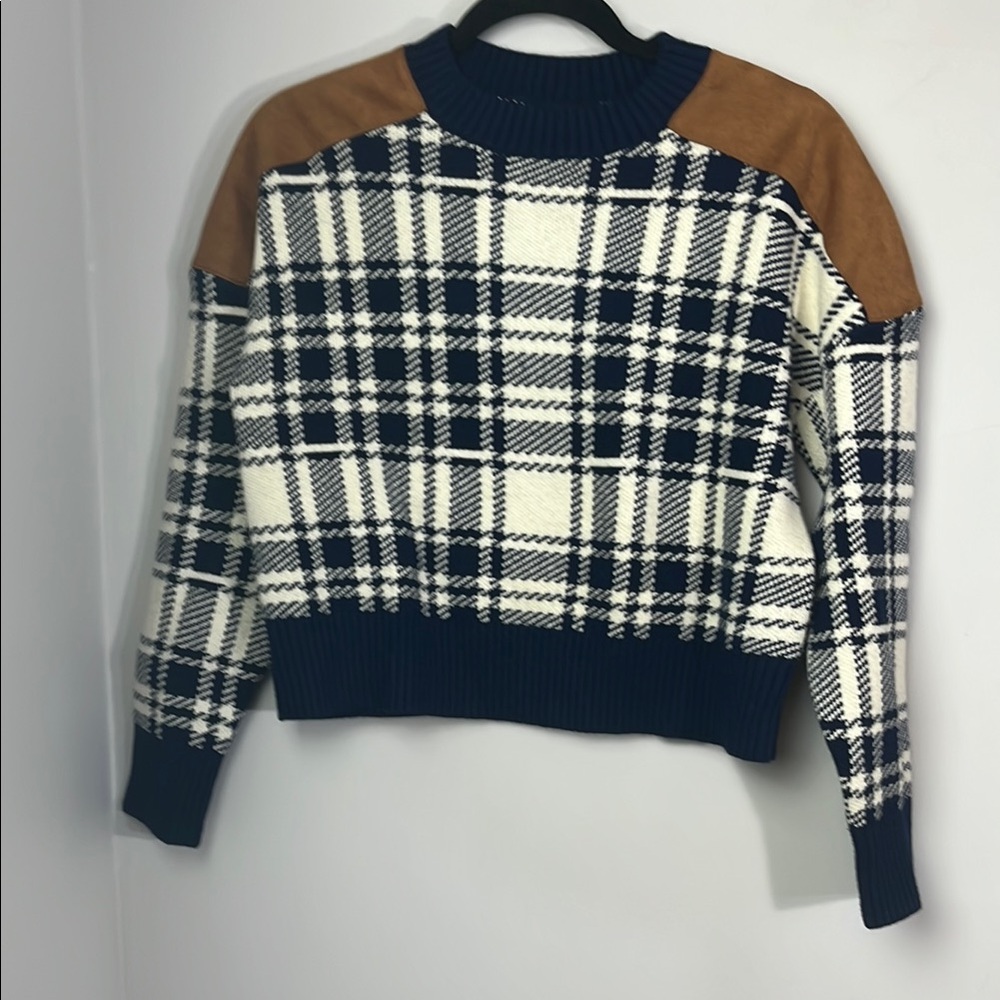Central Park west plaid sweater with faux suede shoulders